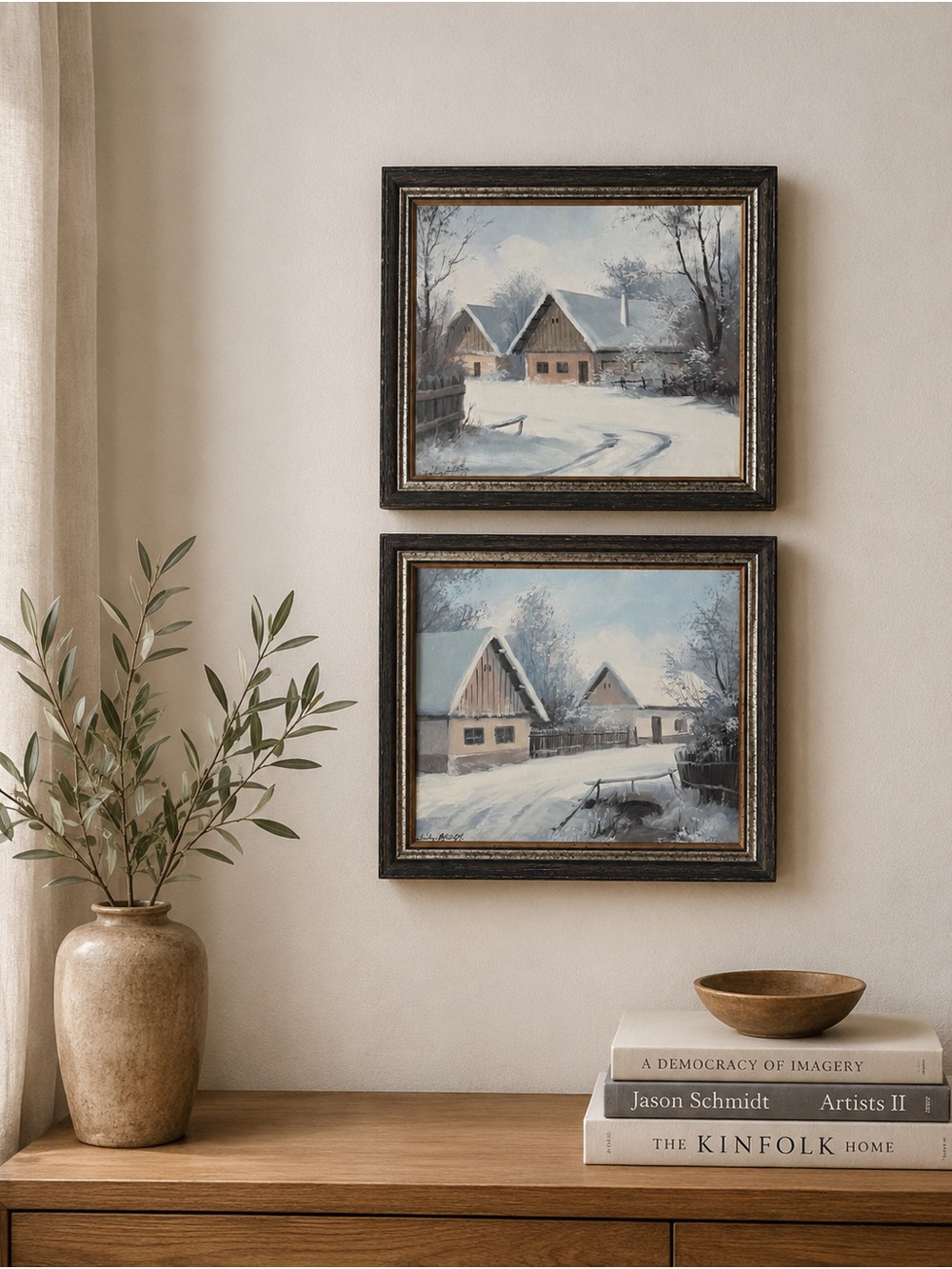 Vintage Original Winter Oil Paintings Set of 2